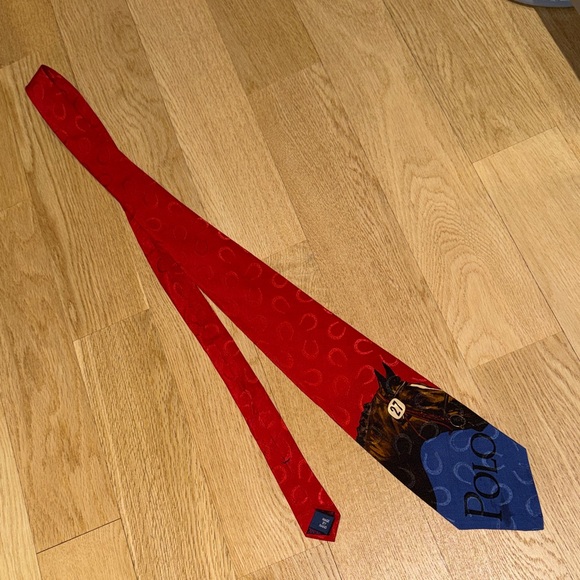 Vintage Polo by Ralph Lauren Equestrian Hand Made Silk Tie in Red with Horseshoe - Picture 7 of 10
